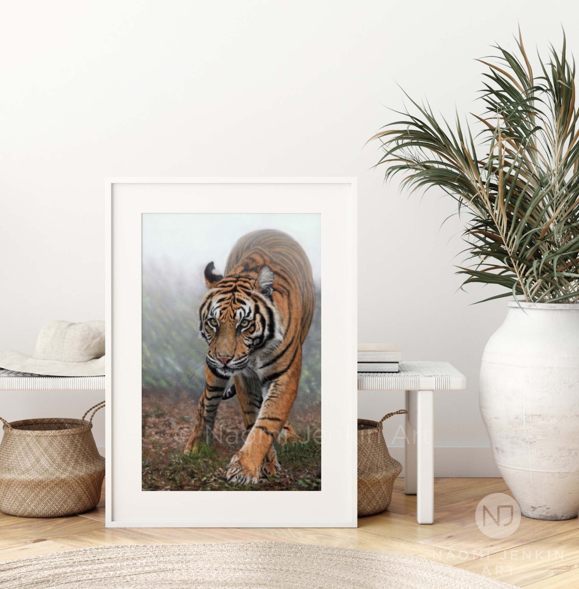 Limited edition tiger art print "Stealth" in a white frame by Naomi Jenkin Art.