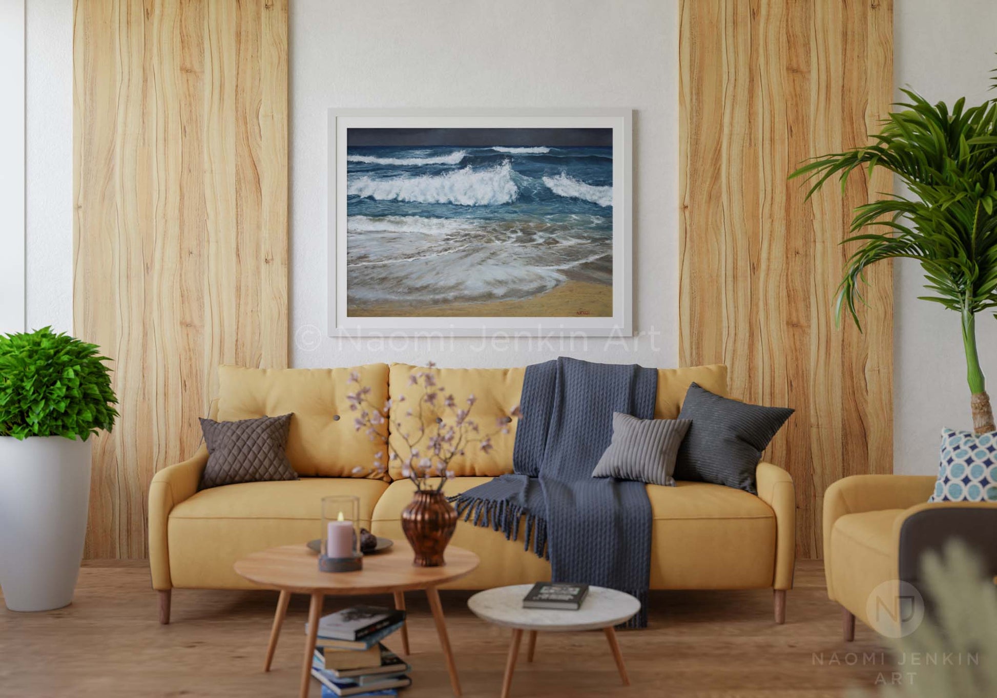 Framed 'Stormy Seas, Constantine' seascape print by Naomi Jenkin in a living room setting