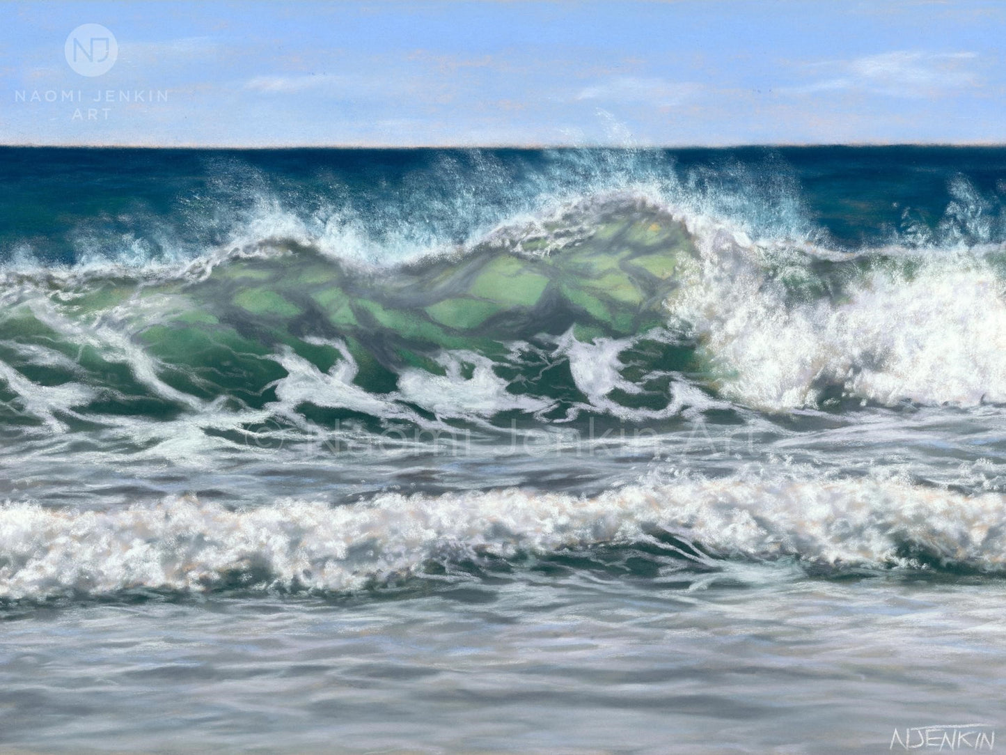 Original ocean painting "Sun Kissed Swell" by Naomi Jenkin.
