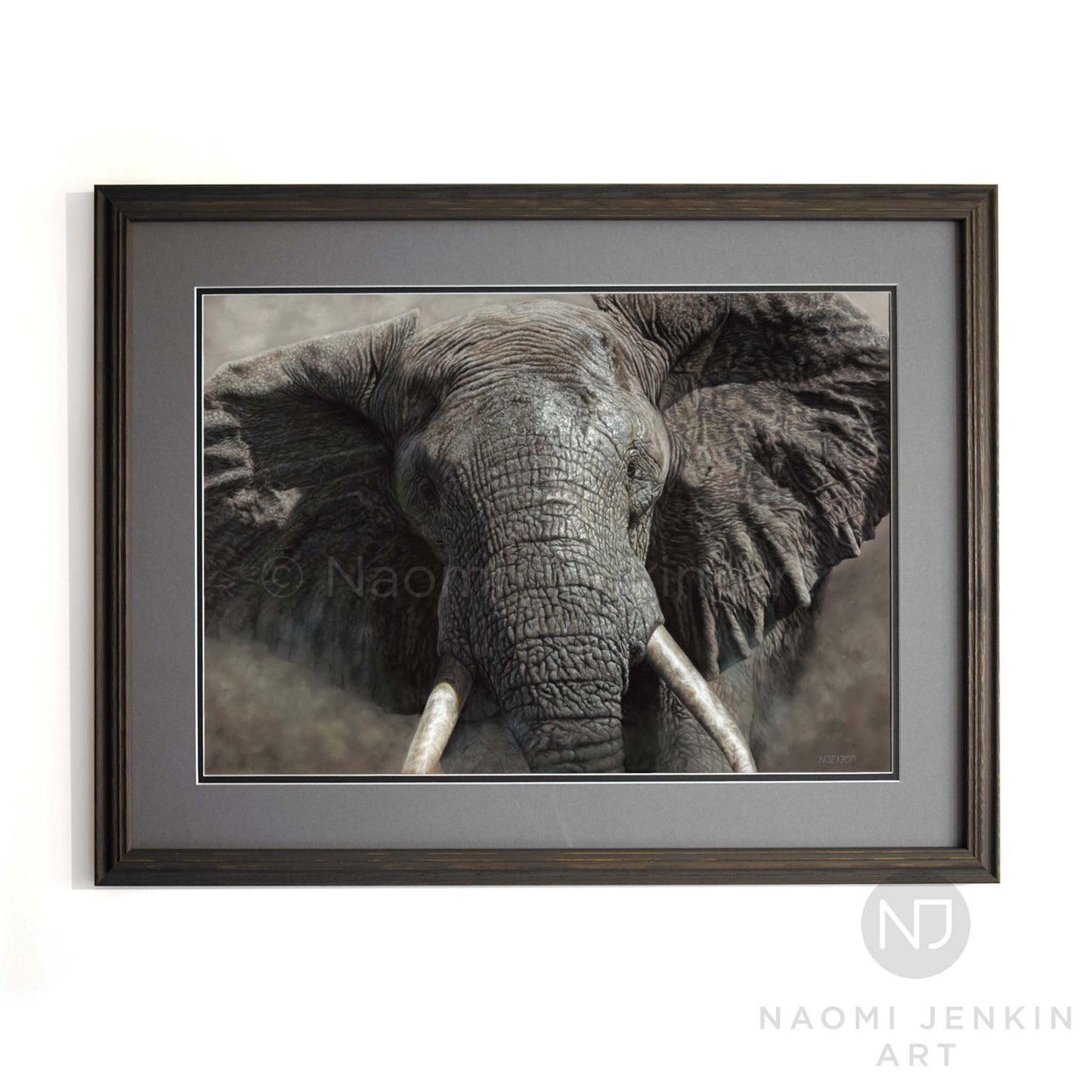African elephant art print in a dark brown frame by Naomi Jenkin Art