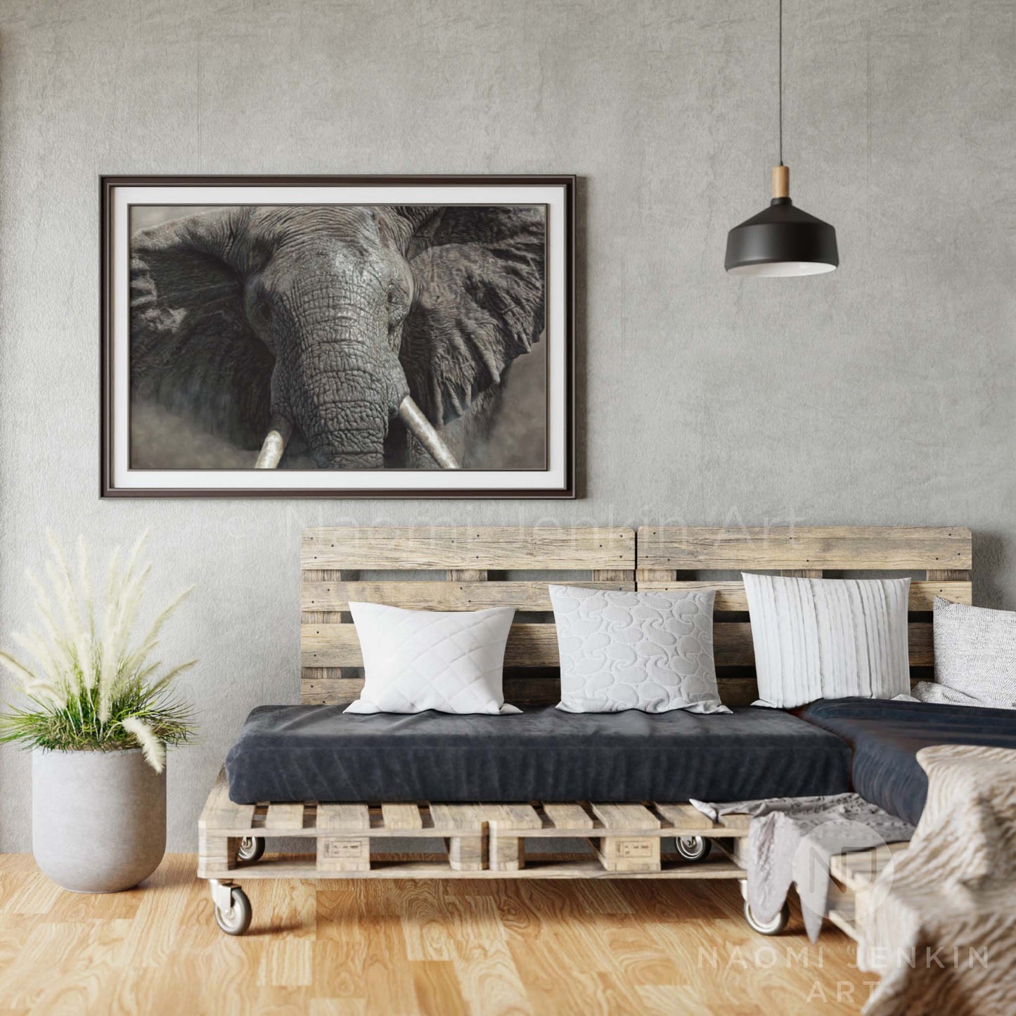 Framed African elephant painting by wildlife artist Naomi Jenkin