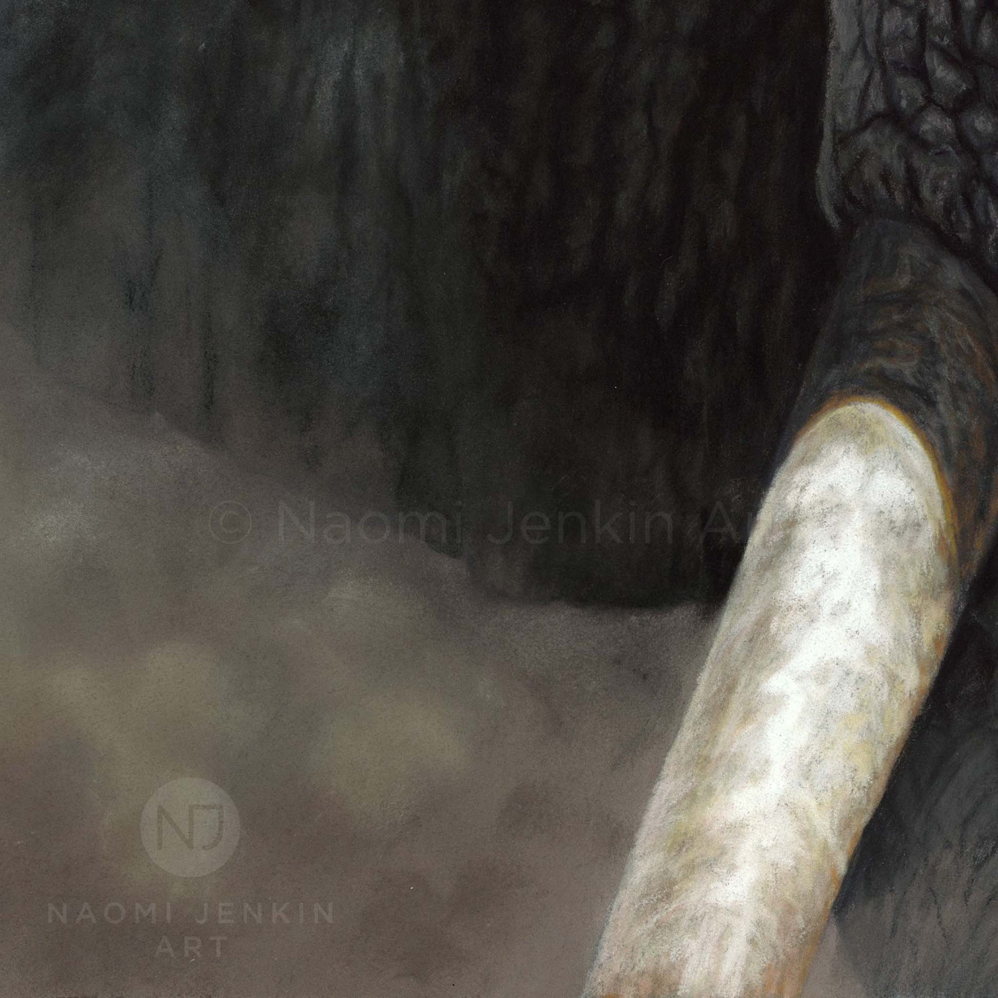 Close up elephant tusk drawing from the print 'The Elephant Charge' by Naomi Jenkin