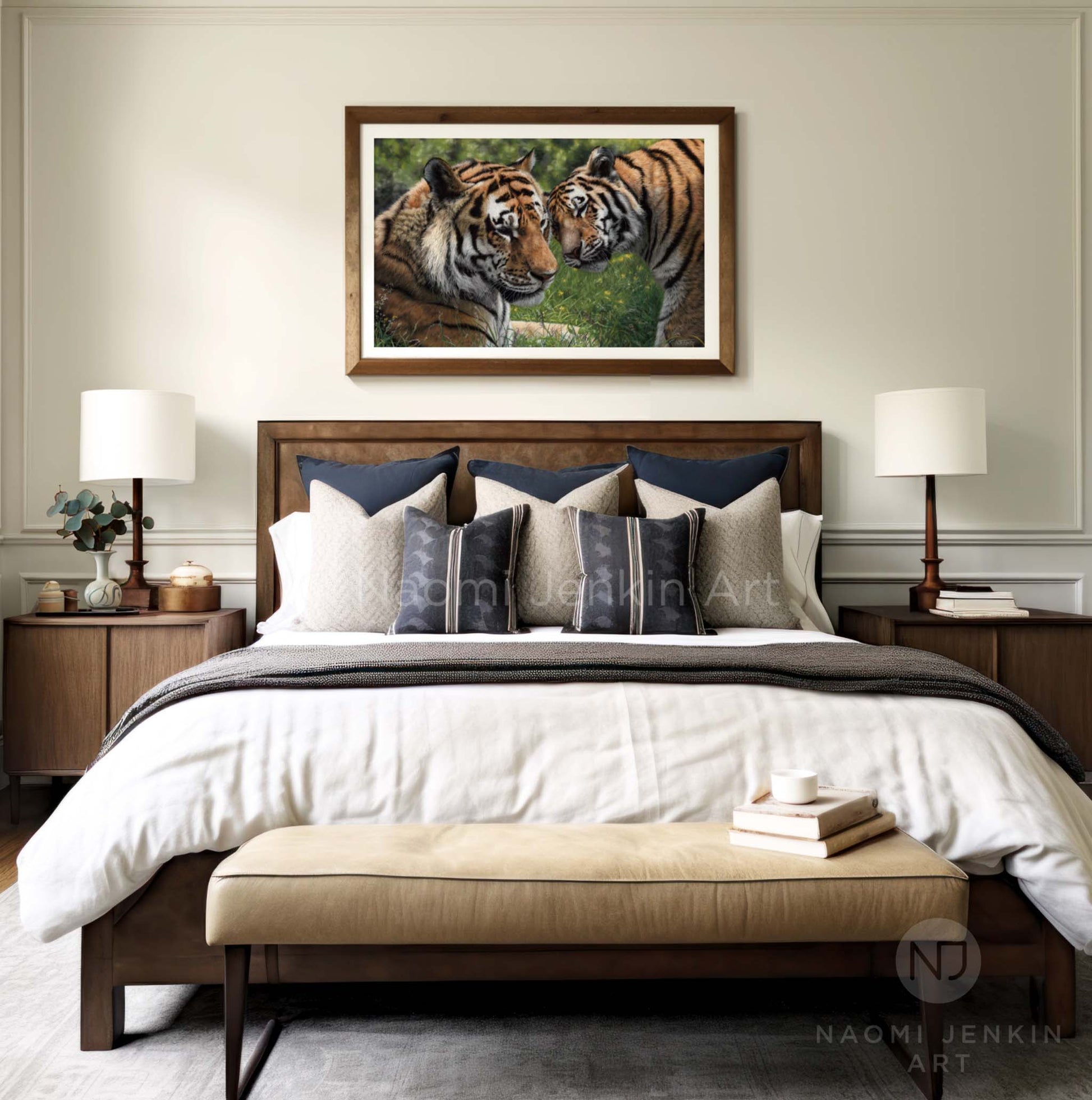 Framed tiger art print "Allegiance" in a bedroom setting by Naomi Jenkin Art