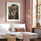 Framed giclée print of a lion portrait "Warrior" by Naomi Jenkin Art, displayed in a living room.