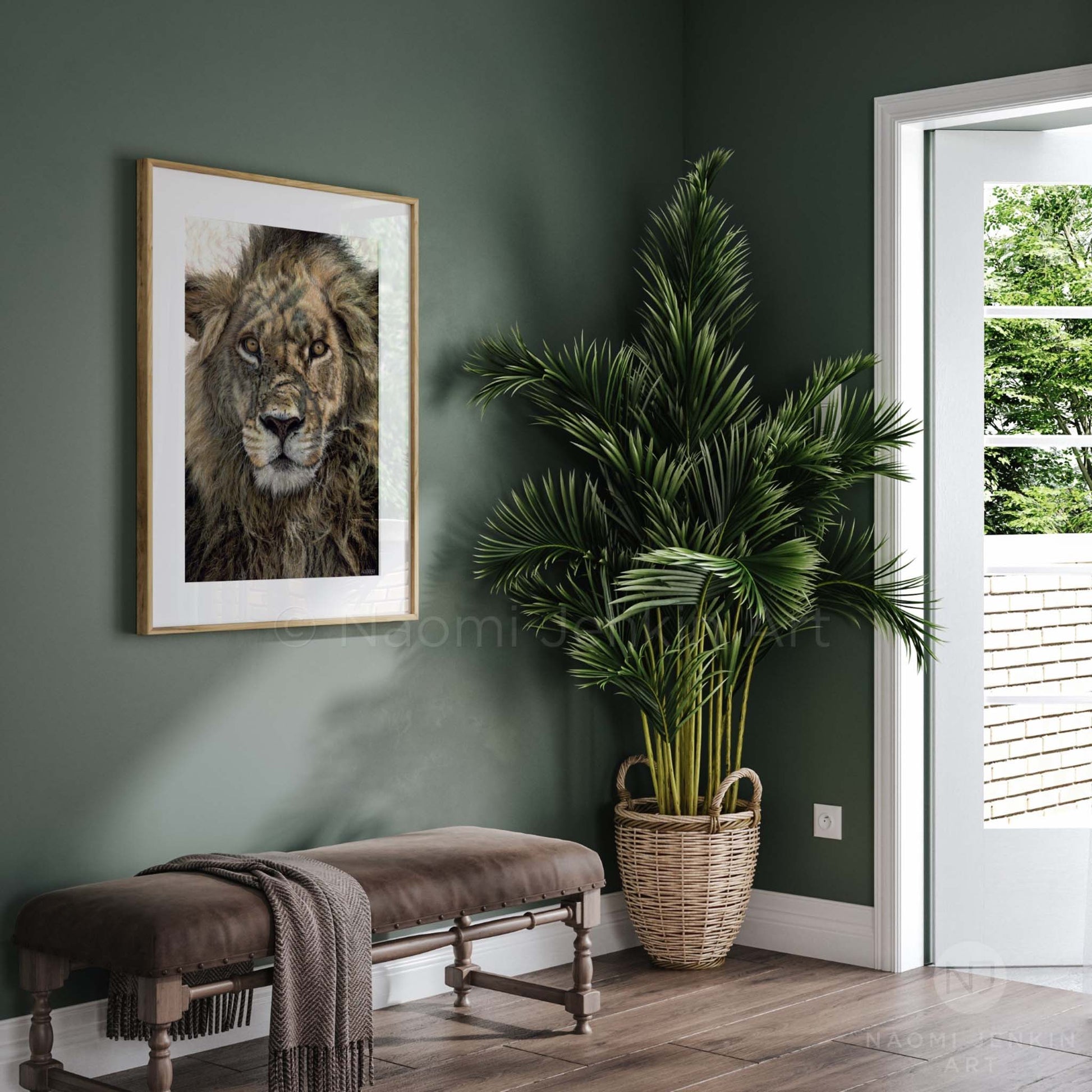 Original lion painting named "Warrior" by wildlife artist Naomi Jenkin Art, displayed in a hallway.