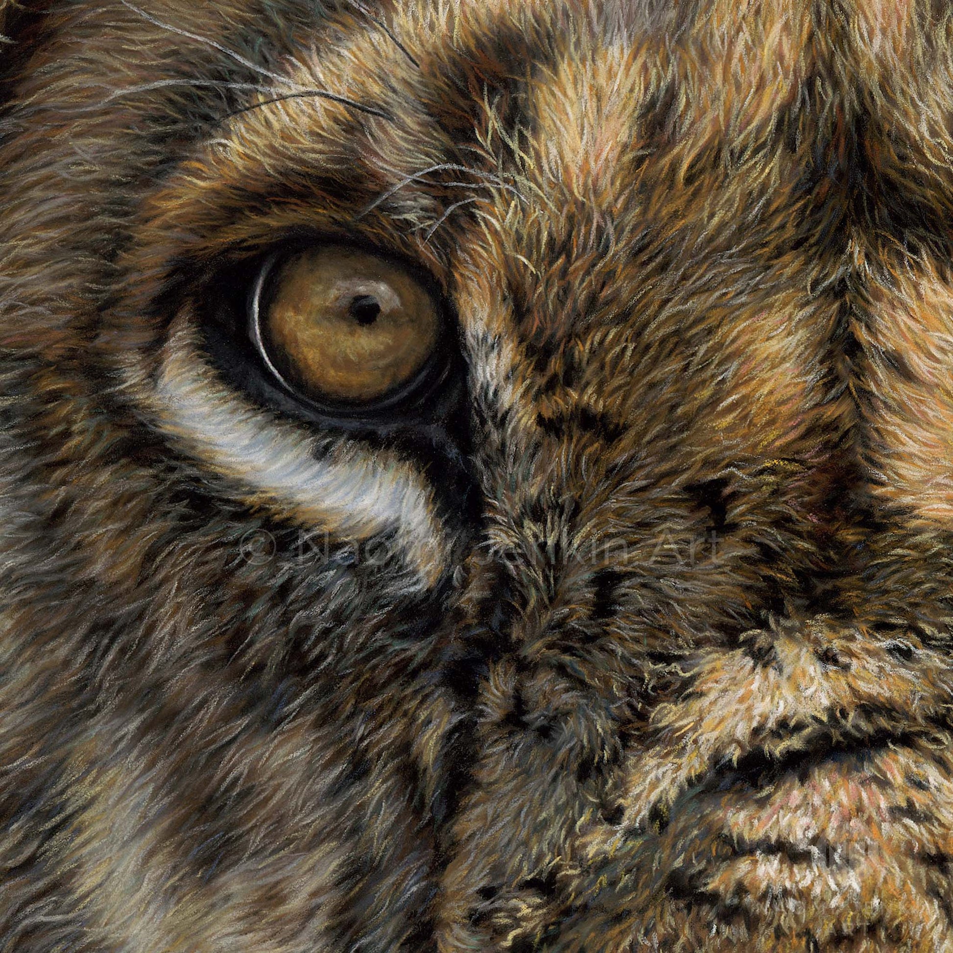 Close up of a lion portrait drawn in pastels by Naomi Jenkin Art. 
