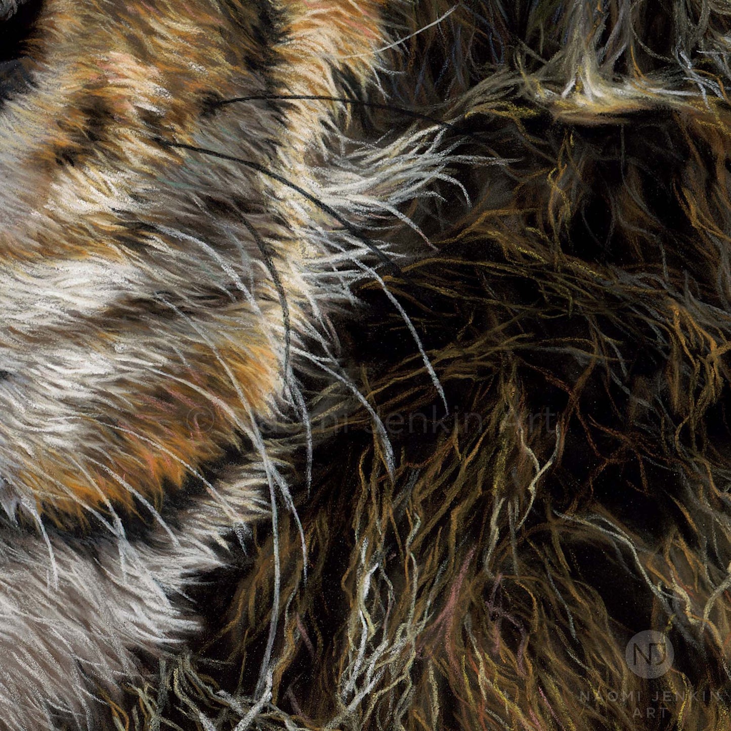 Close up details of an original lion painting titled "Warrior" by Naomi Jenkin Art. 