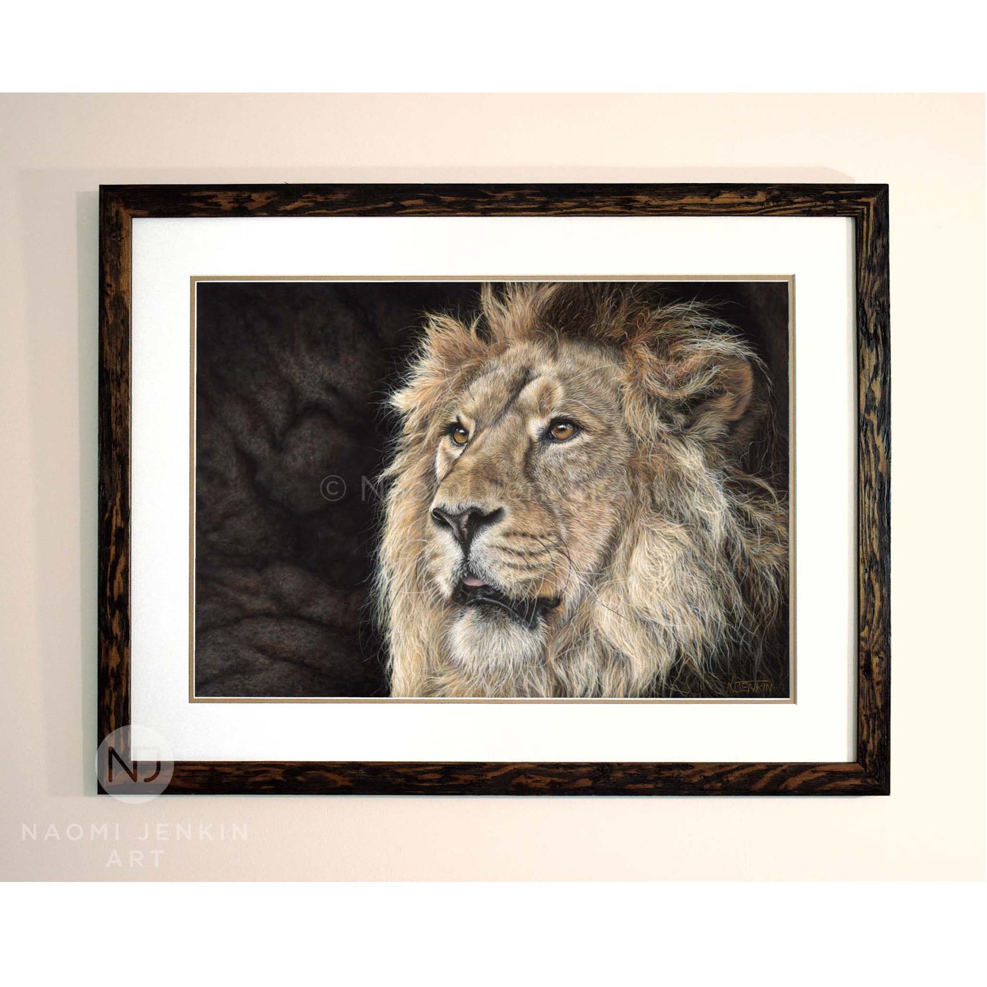 Framed lion art drawing by wildlife artist Naomi Jenkin