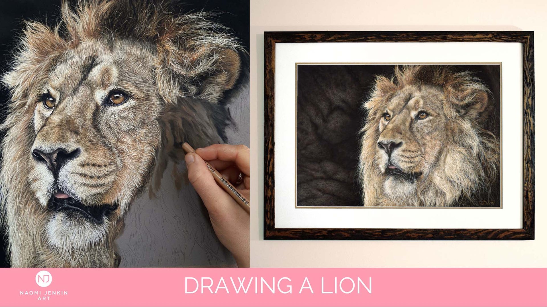 Load video: The creative process of a pastel drawing of a male lion by wildlife artist Naomi Jenkin Art.