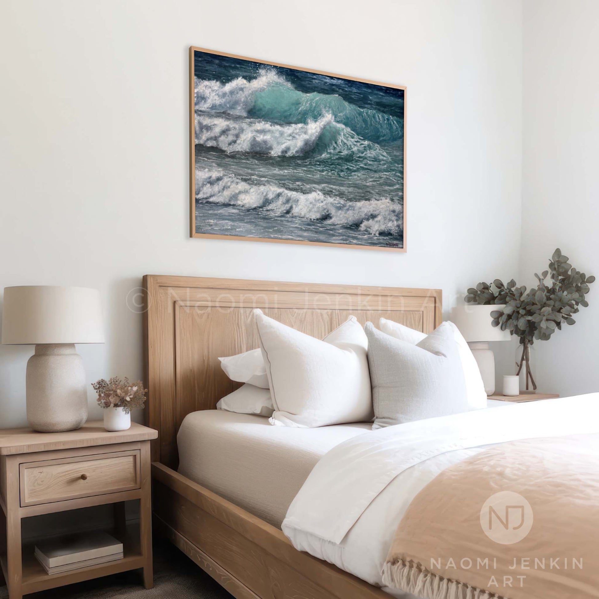 Framed seascape print 'Whitewater Waves' by seascape artist Naomi Jenkin in a bedroom setting