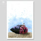 Colorful hermit crab art print by Naomi Jenkin, with a soft blue watercolour background.