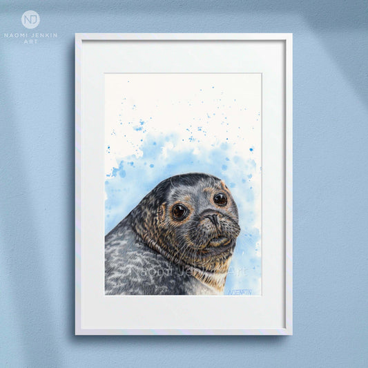 Framed art print of a grey seal on a blue painted background by artist Naomi Jenkin. 