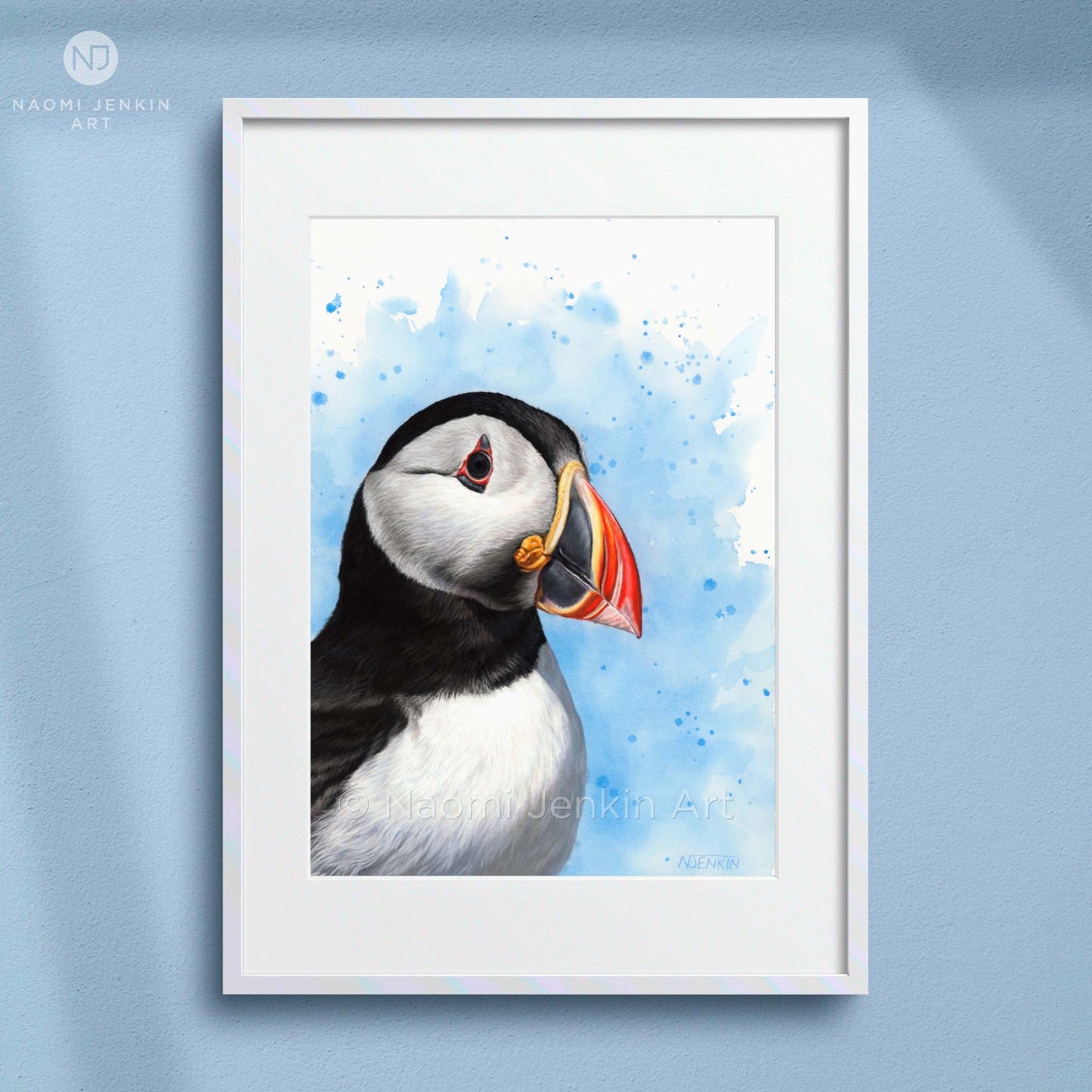 Framed puffin art print by Naomi Jenkin Art. 