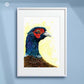 Framed art print of a colourful pheasant drawing with a bright yellow background. Artist - Naomi Jenkin.