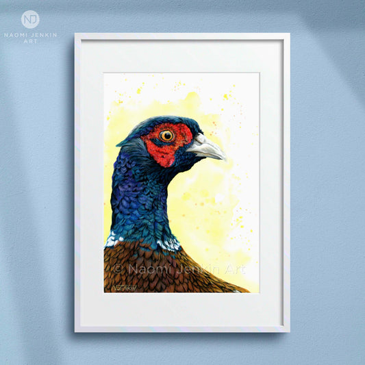 Framed art print of a colourful pheasant drawing with a bright yellow background. Artist - Naomi Jenkin.