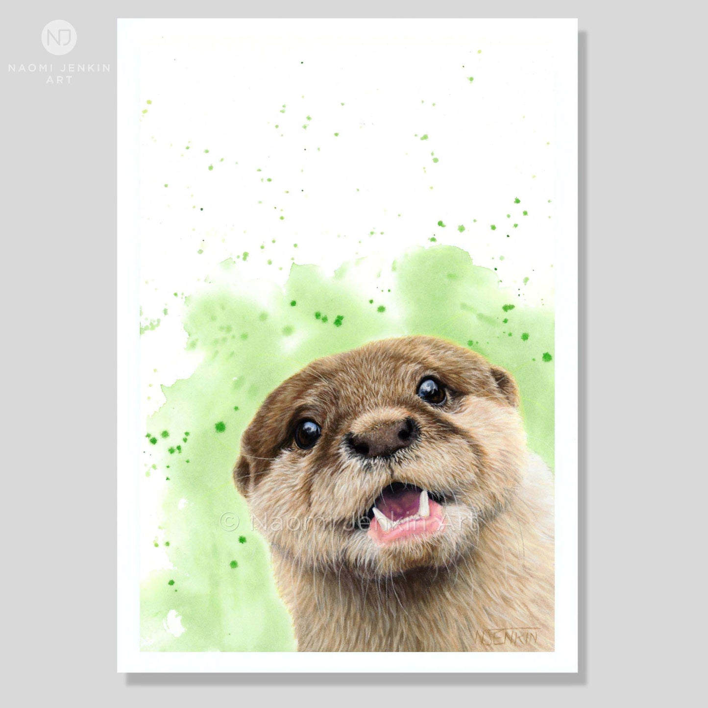 Artwork of an otter with a green watercolour background by artist Naomi Jenkin. 