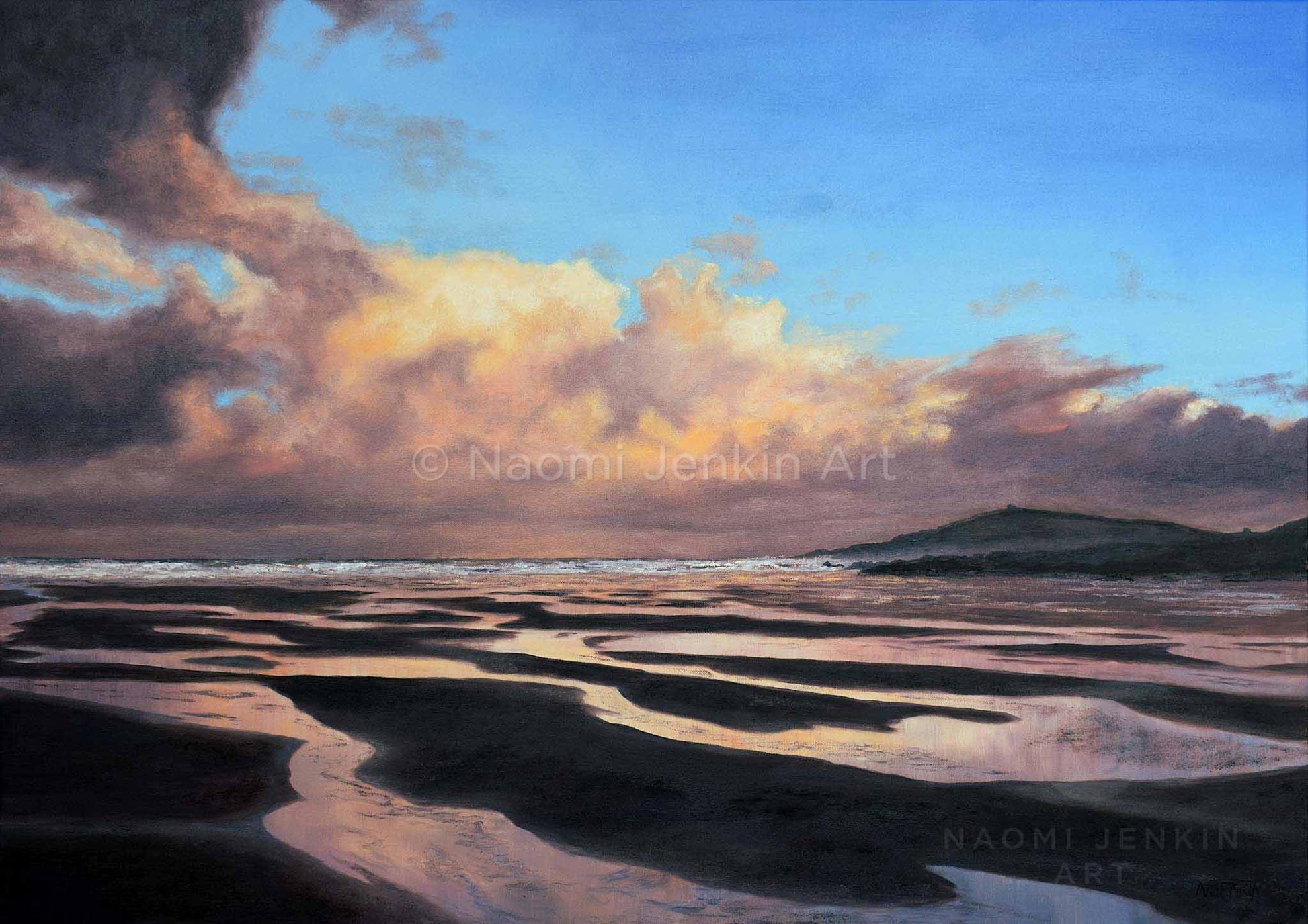 Close up fine art print of dawn at fistral beach by seascape artist Naomi Jenkin