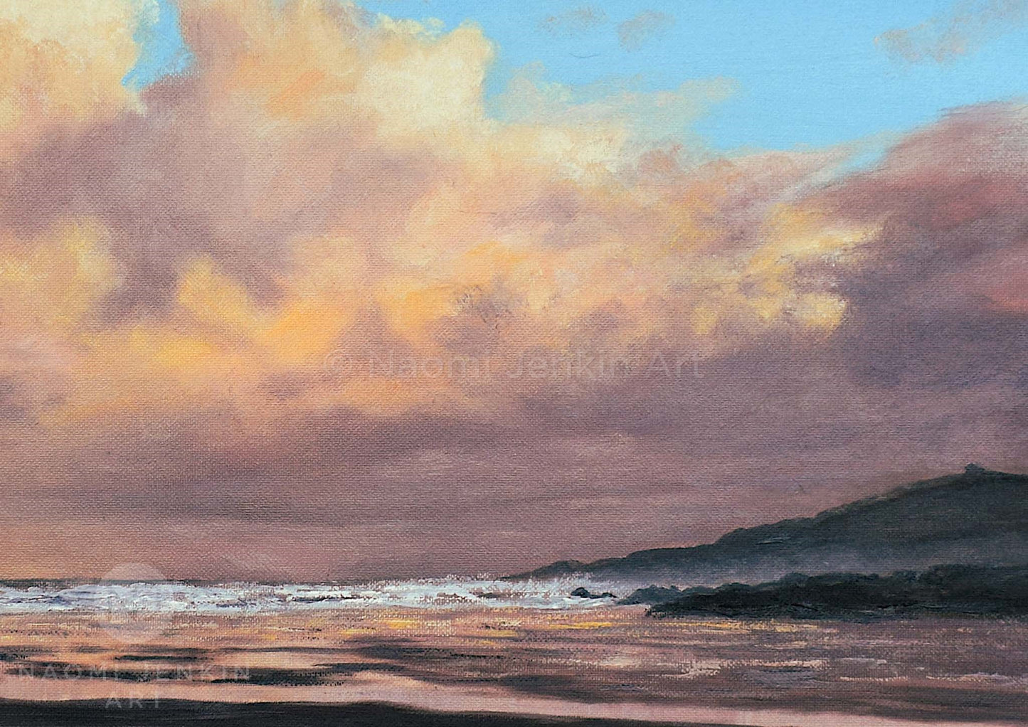 Close up beach scene from the original 'New Day Dawns' seascape painting by Naomi Jenkin Art
