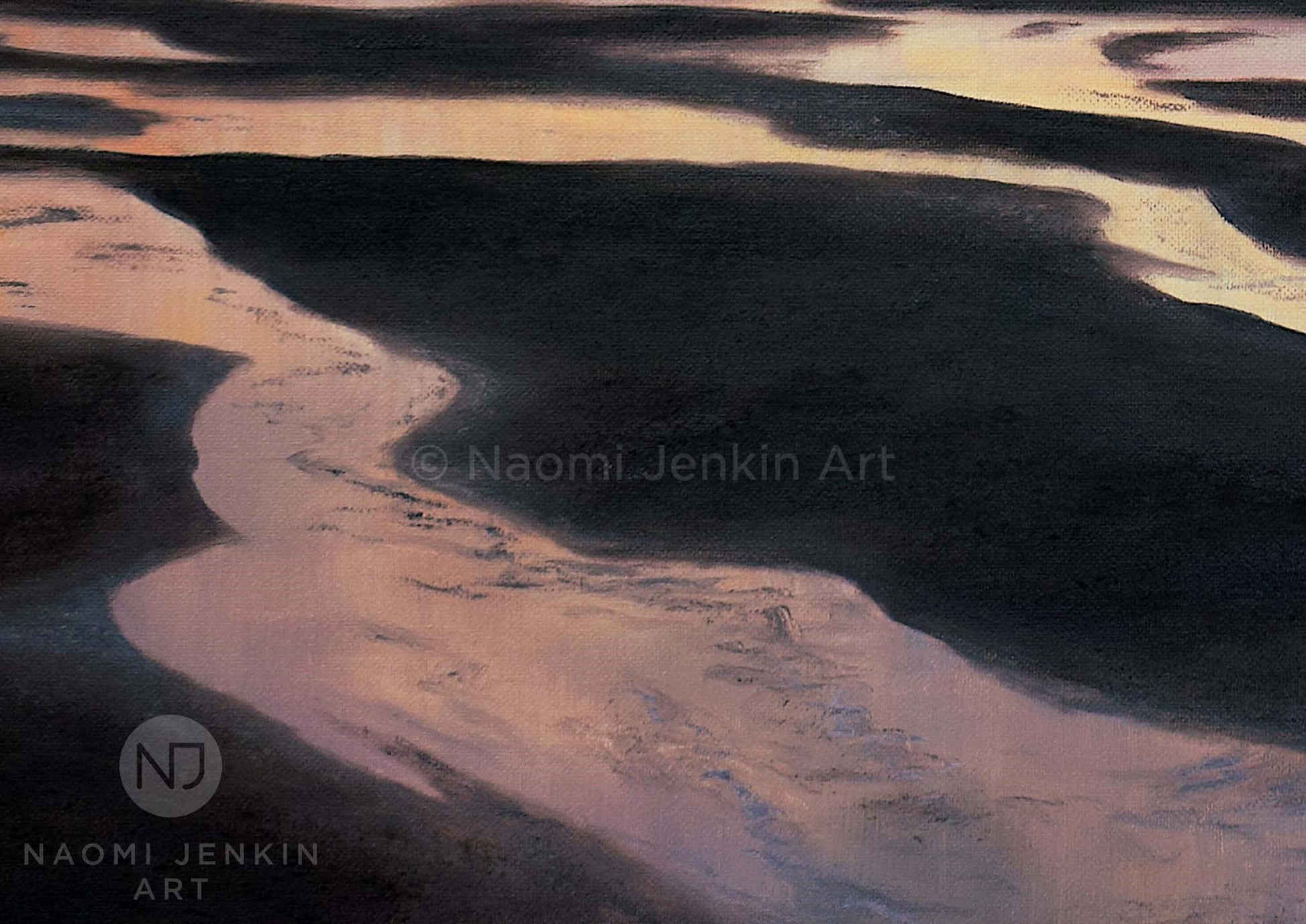 Close up of water reflections from the 'New Day Dawns' seascape painting by Naomi Jenkin Art