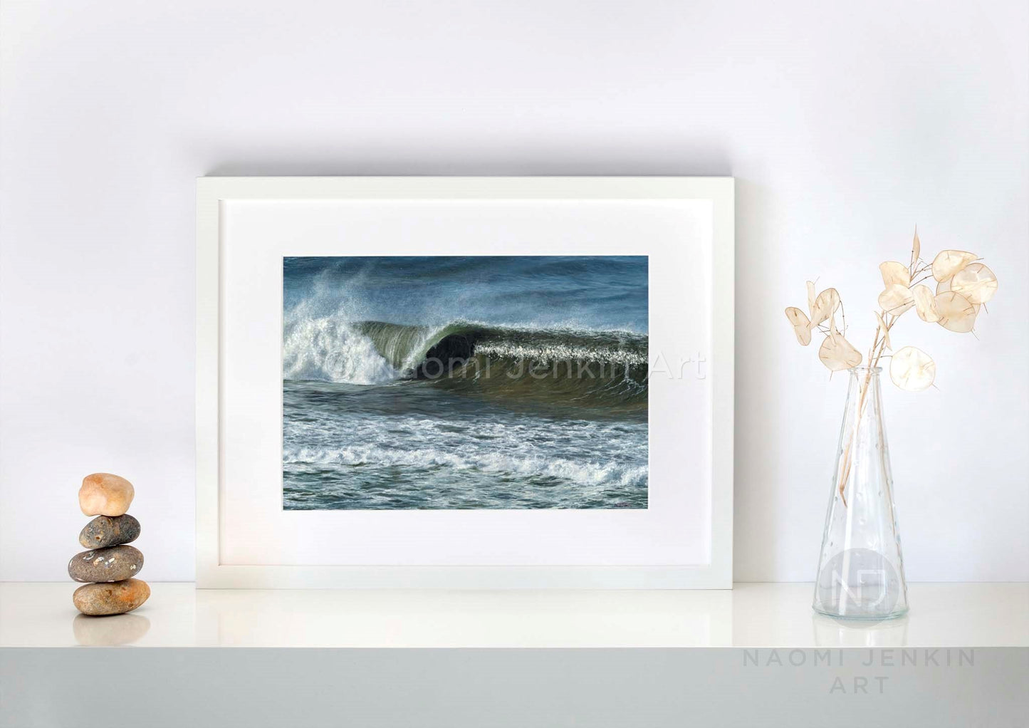 Framed wave print 'A Perfect Tube' by seascape artist Naomi Jenkin Art