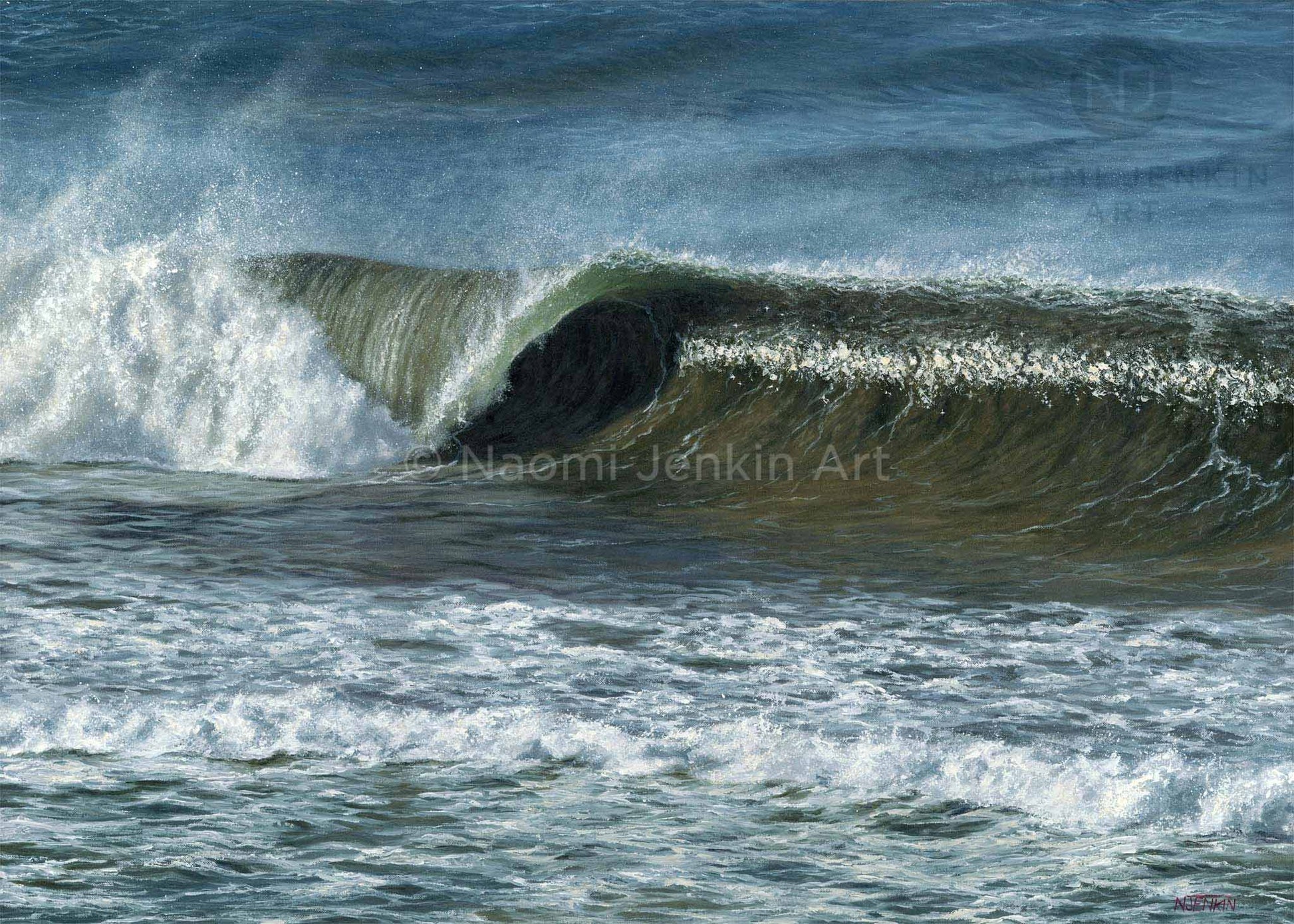 Close up painting of a perfect rolling wave by seascape artist Naomi Jenkin