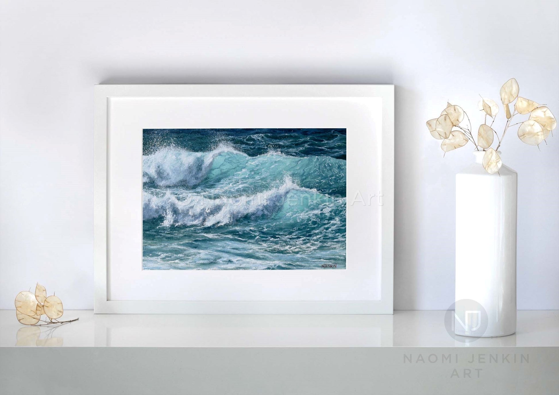 Curling Waves' seascape print by artist Naomi Jenkin Art in a white frame