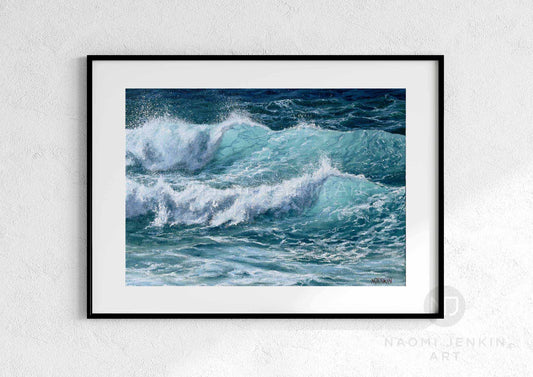 Framed 'Curling Waves' seascape print by artist Naomi Jenkin Art