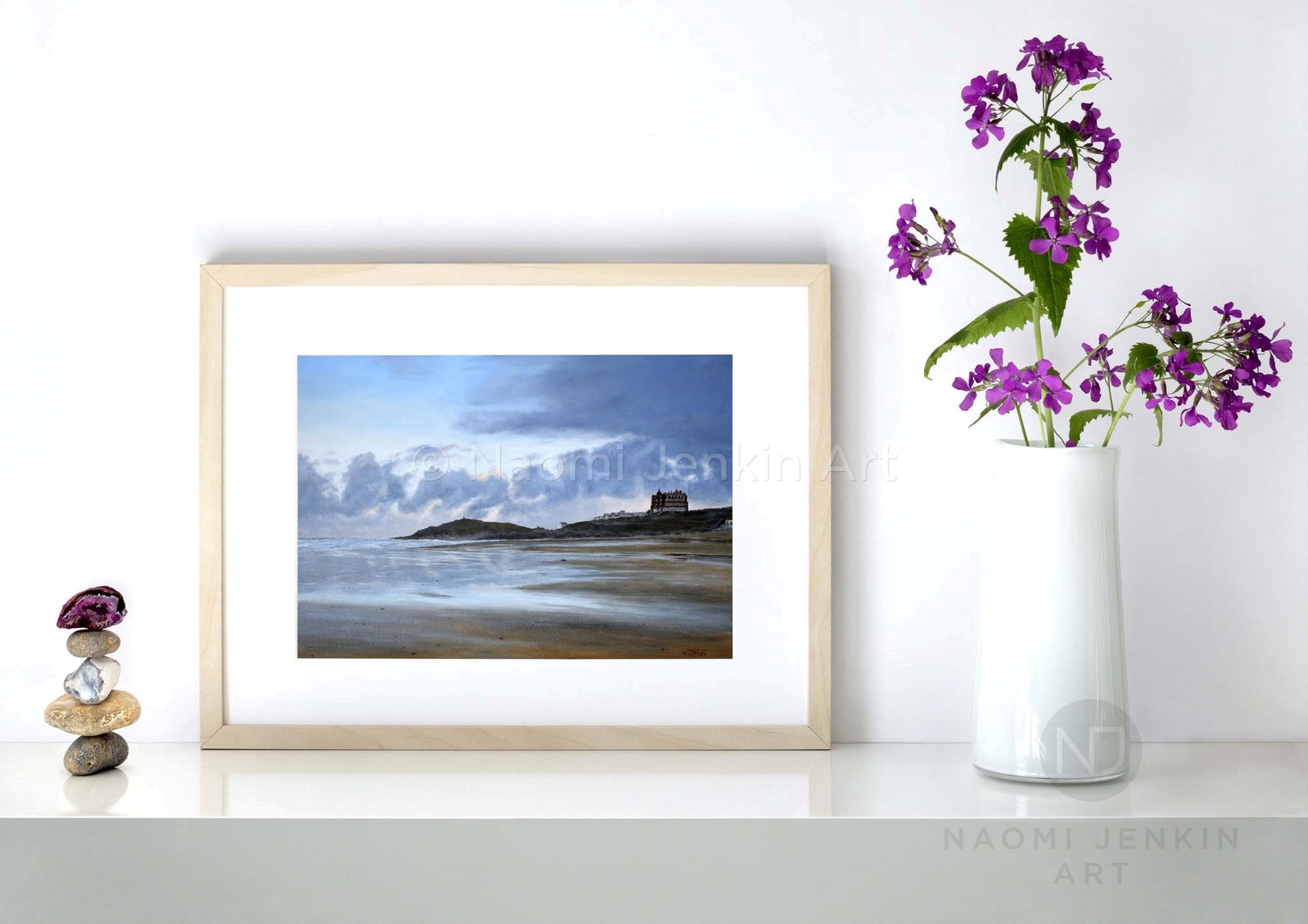 Beach print 'Dawn Over Fistral' by Naomi Jenkin Art in a wooden frame