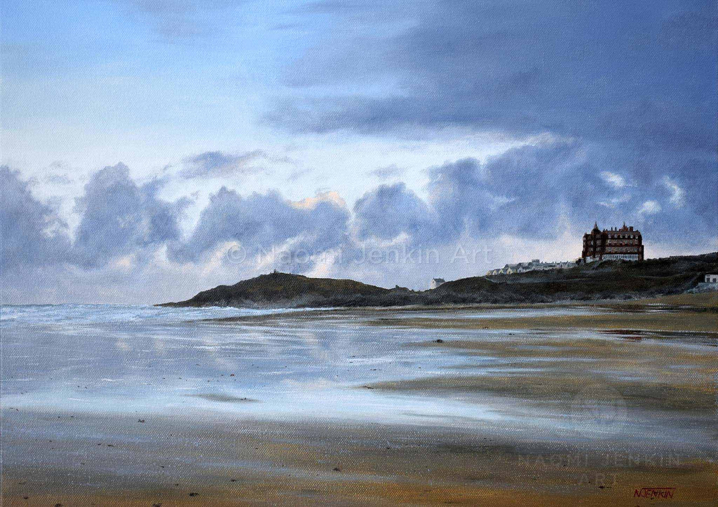 Fine art beach print inspired by the dawn over fistral beach by seascape artist Naomi Jenkin