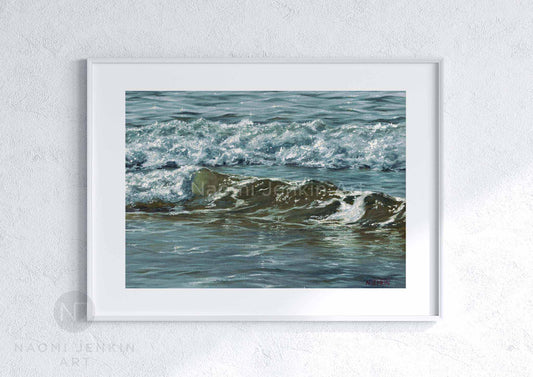 Calming seascape print featuring two little waves titled 'Diamonds and Jade'