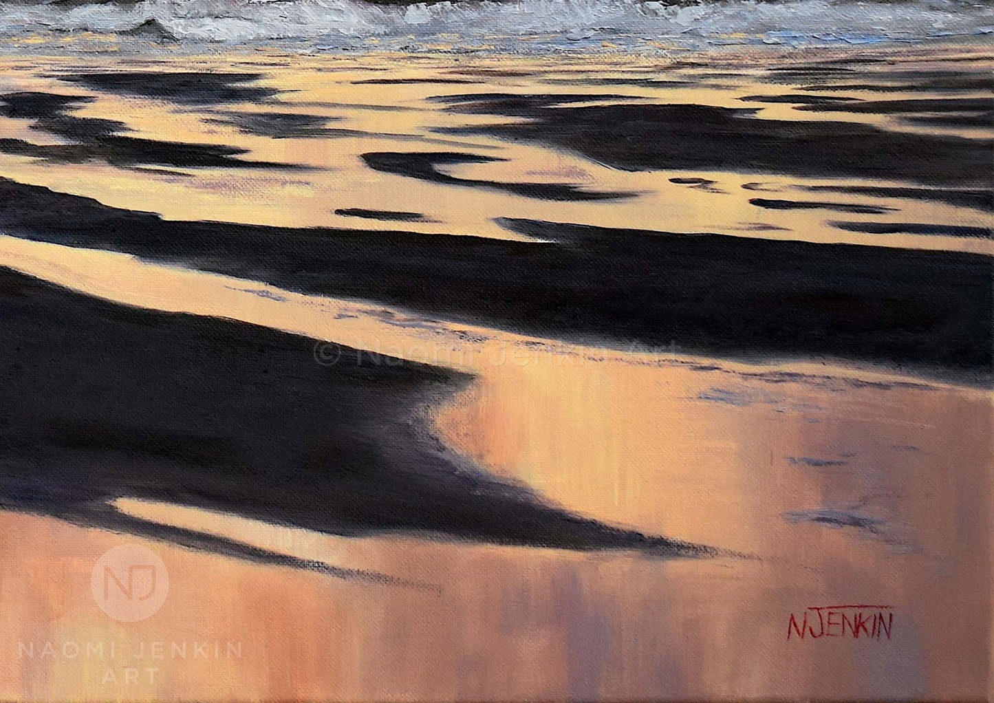 Close up of beach reflections from the 'Early Morning Reflections' seascape painting by Naomi Jenkin