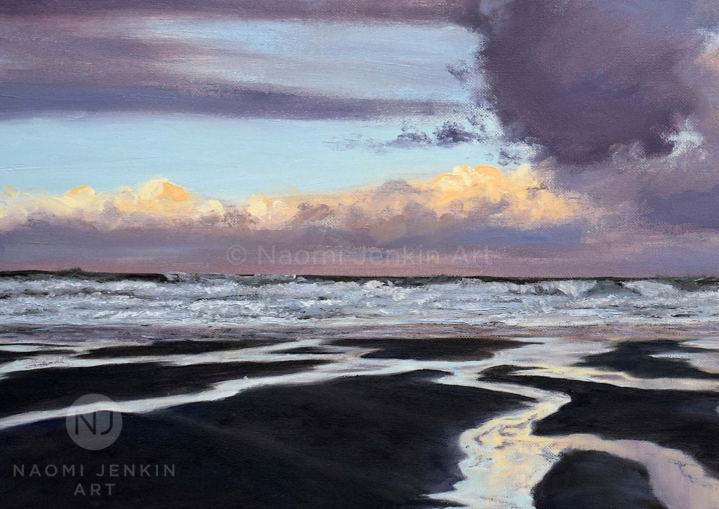 Dramatic close up beach scene from the original 'Early Morning Reflections' painting by Naomi Jenkin Art