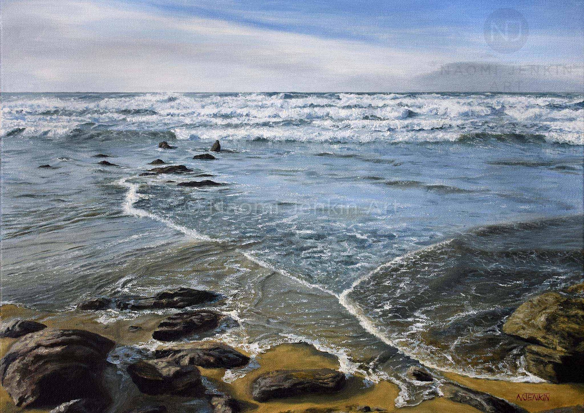 Close up Watergate Bay print titled 'Incoming Tide' by Naomi Jenkin Art