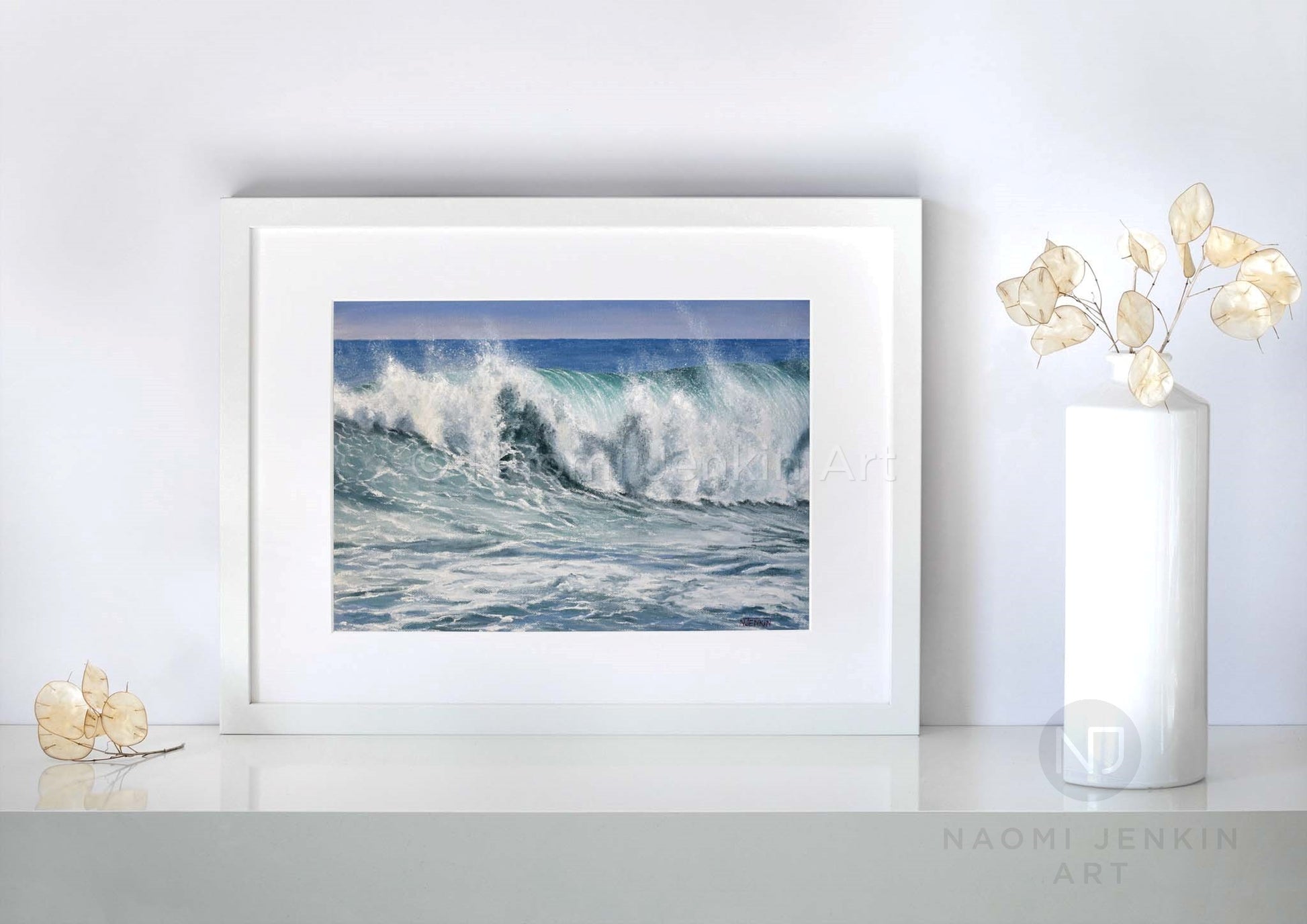 Seascape print 'Offshore Spray' by Naomi Jenkin Art in a white frame