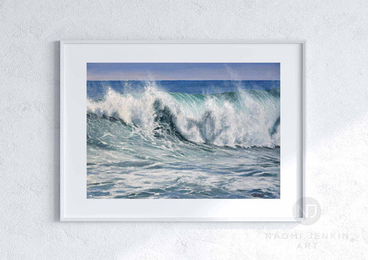Uplifting seascape print of bubbling waves on a sunny day by seascape artist Naomi Jenkin