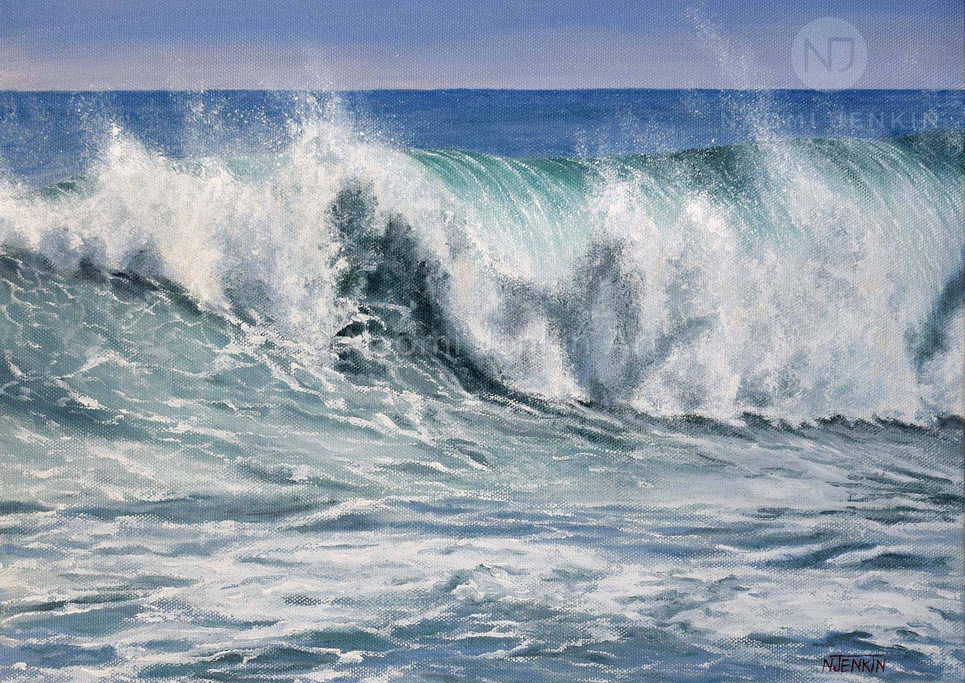 Close up of breaking waves from seascape print 'Offshore Spray' by Naomi Jenkin Art