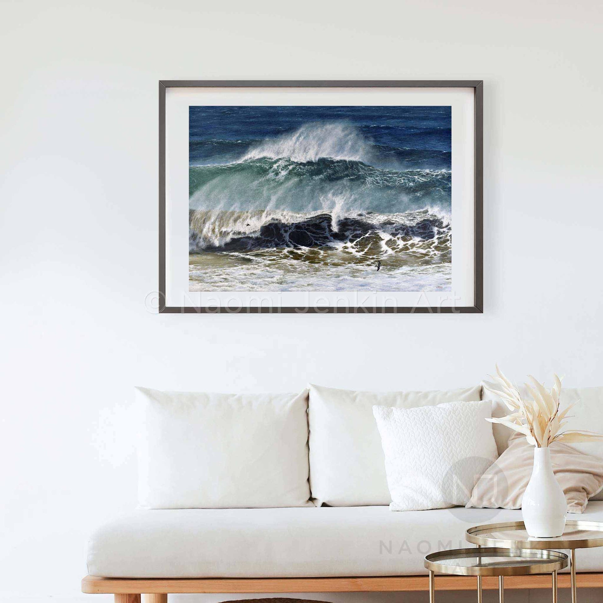 Ocean print 'Raging Seas' by seascape artist Naomi Jenkin Art in a black frame