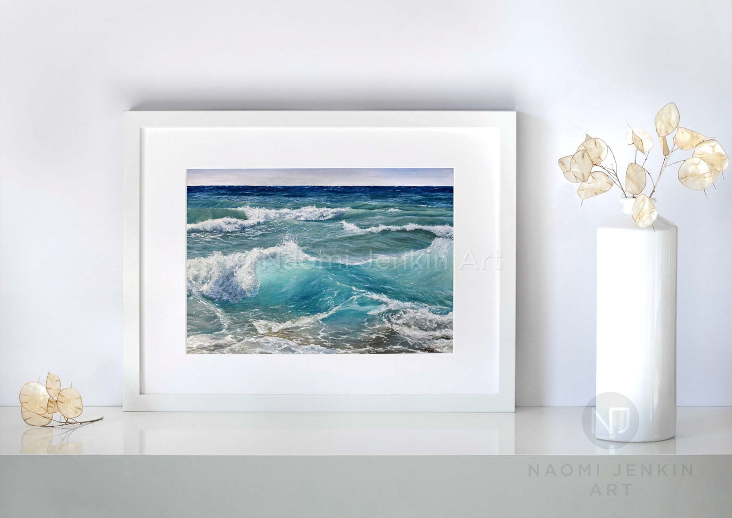 Seascape print 'Shades of Ocean Blue' in a white frame 