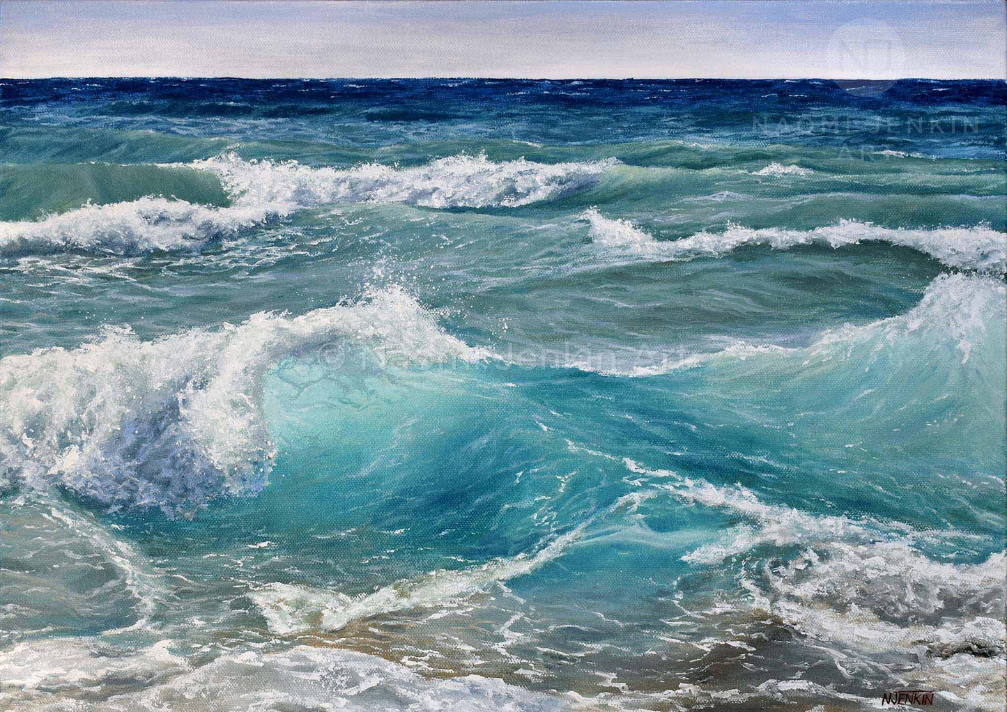 Close up painting of waves mixing together by seascape artist Naomi Jenkin