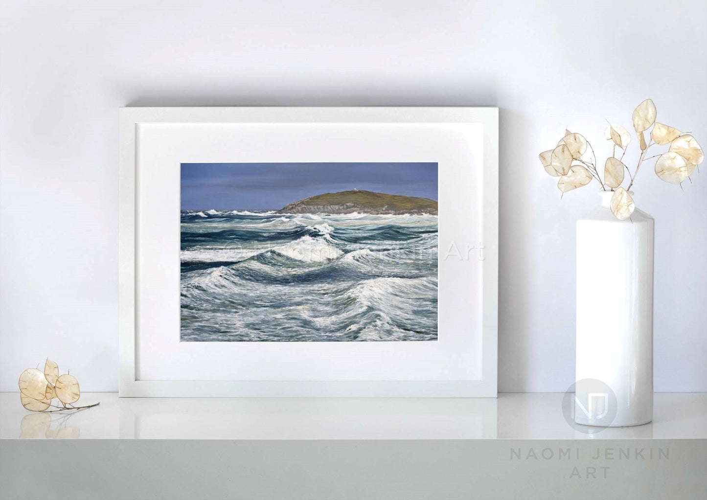 Seascape print of Fistral Beach by artist Naomi Jenkin Art in a white frame