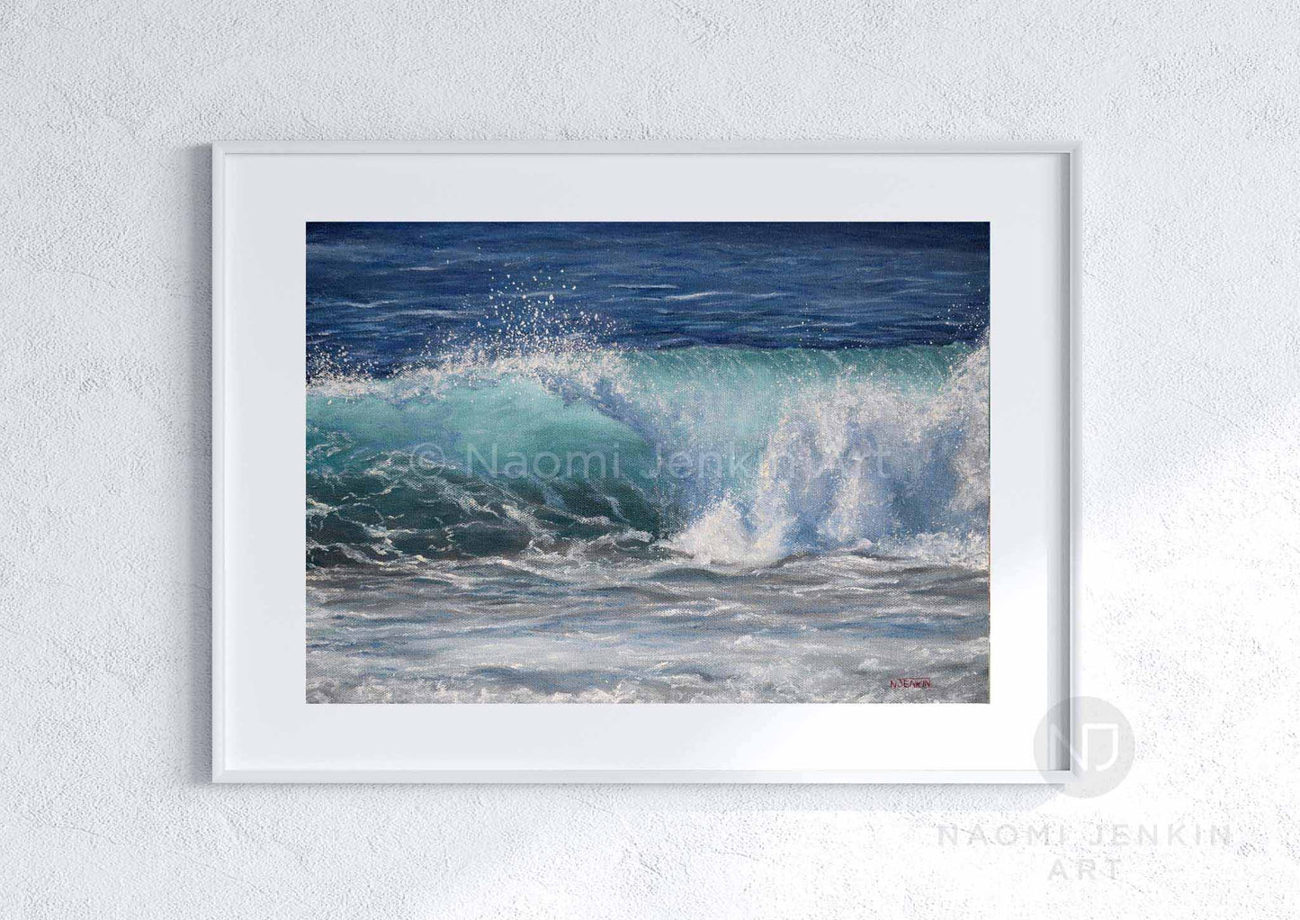 Wave print by seascape artist Naomi Jenkin Art in a white frame