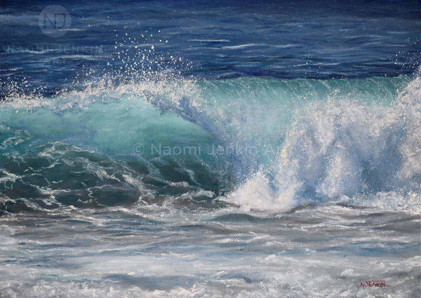 Close up of a wave painting from the print 'Summer Beachbreak' by Naomi Jenkin