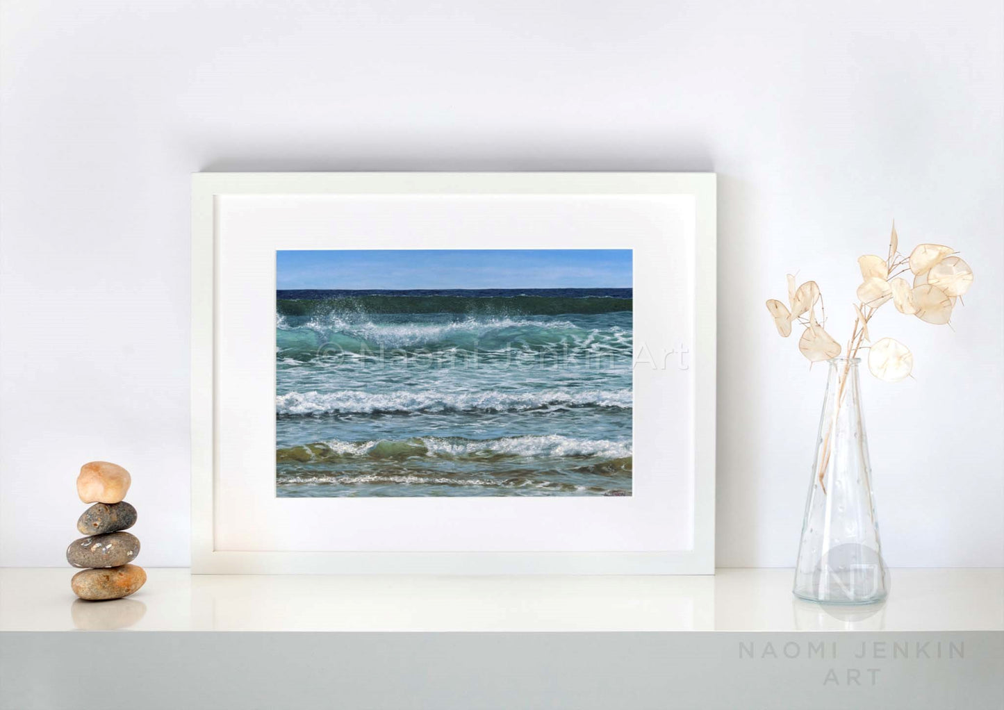 Framed wave print 'Summer Surf' by seascape artist Naomi Jenkin Art