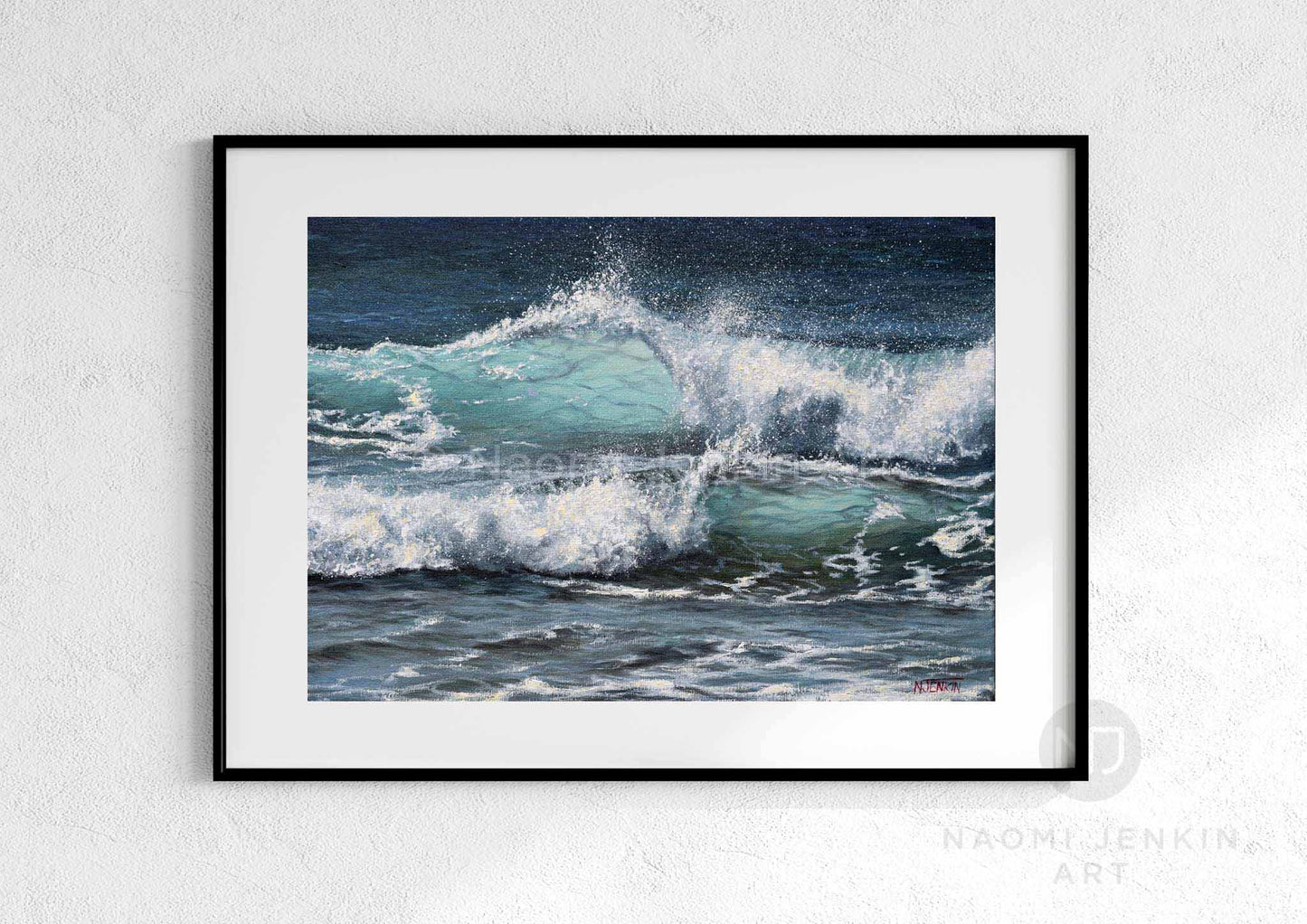 Print of a breaking wave titled 'Sunlit Surf' by seascape artist Naomi Jenkin