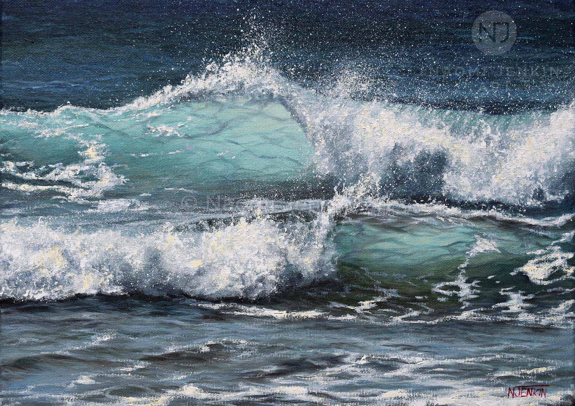 Close up of a breaking wave painting taken from the print 'Sunlit Surf'