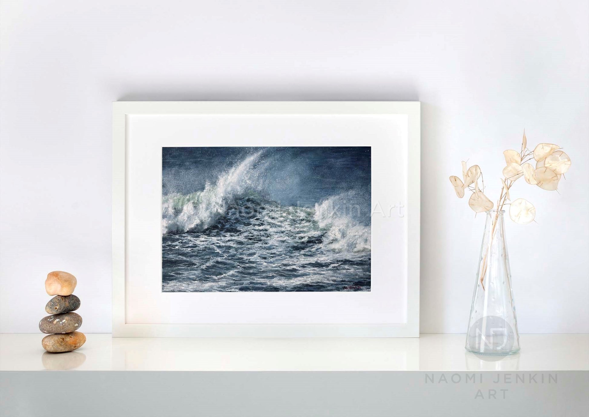 Seascape print 'Wind Whipped' by artist Naomi Jenkin Art in a white frame