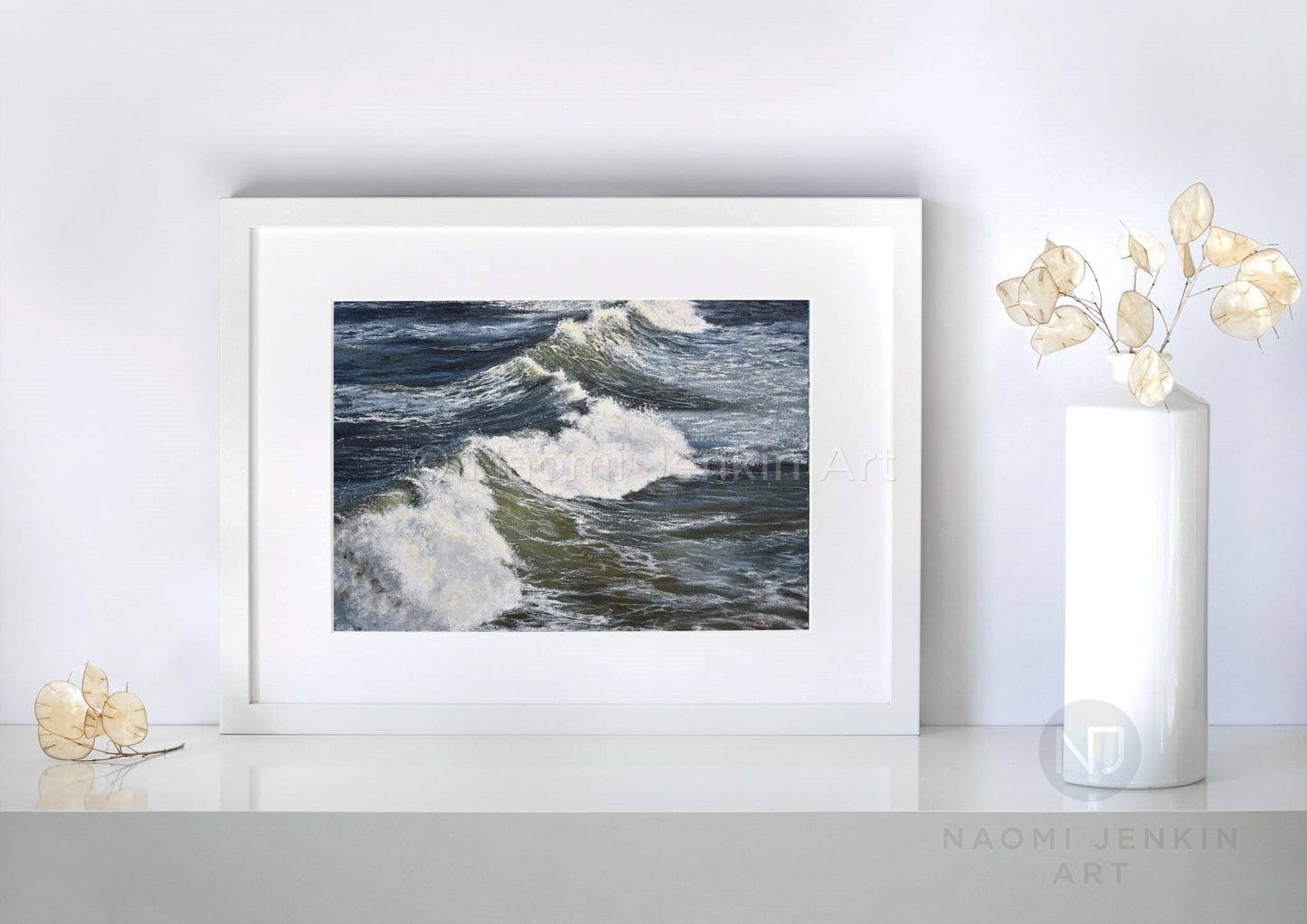Seascape print 'Winter Swell' by Naomi Jenkin Art in a white frame