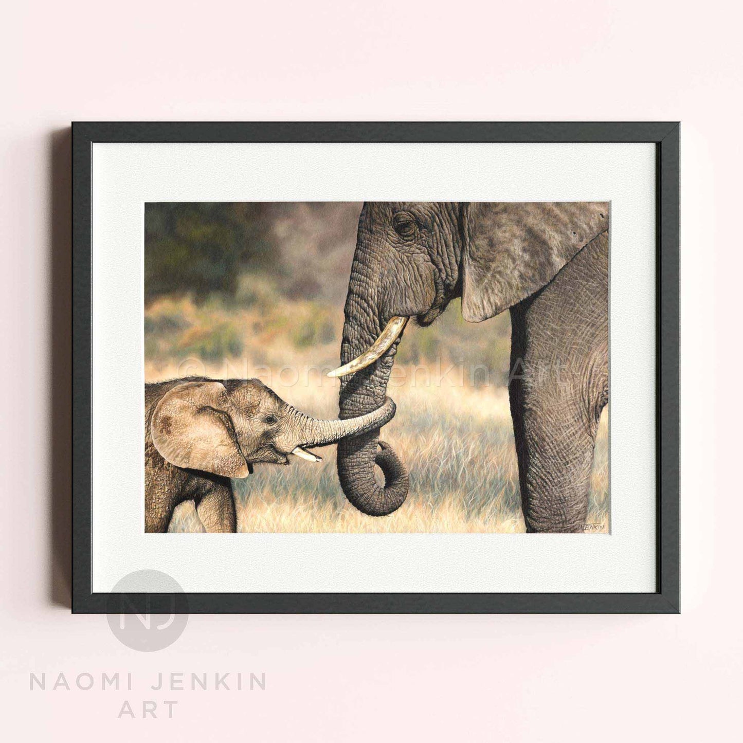 Framed elephant art by wildlife artist Naomi Jenkin