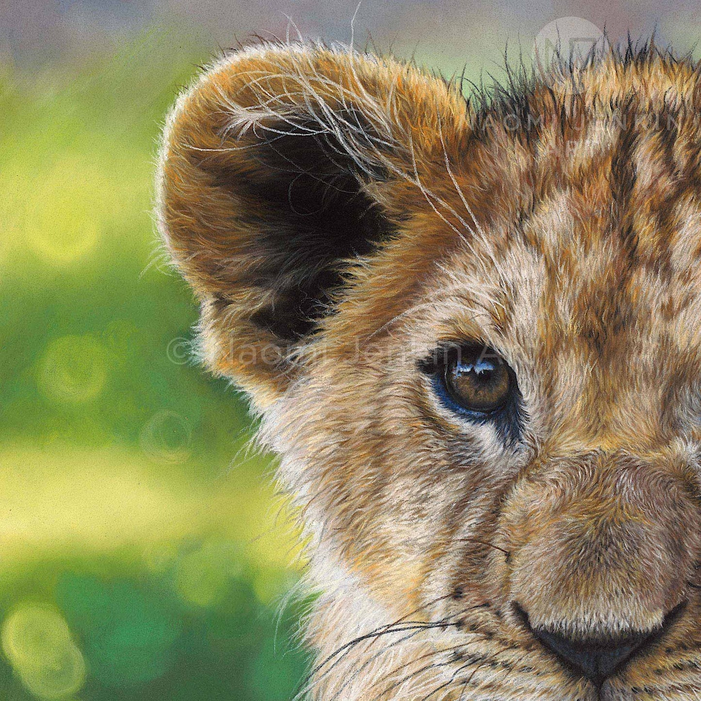 Close up lion cub face painting from the original 'Lyin Around' lion artwork by Naomi Jenkin