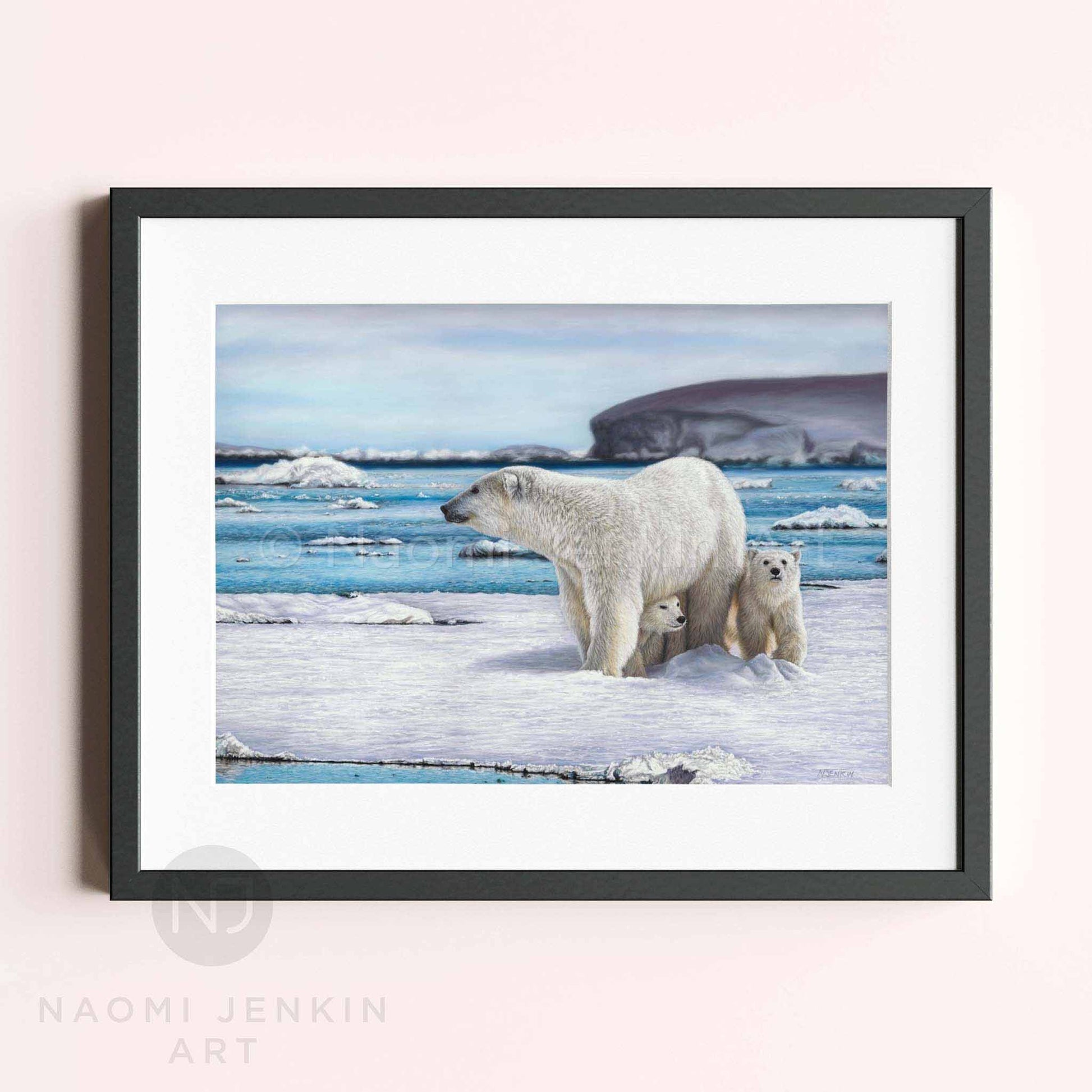 Framed original polar bear painting by Naomi Jenkin